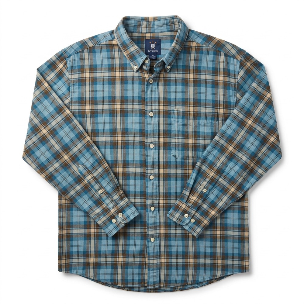 Ivy Crew Plaid Button Down Mens XL Blue Brown Long Sleeve Cotton Shirt